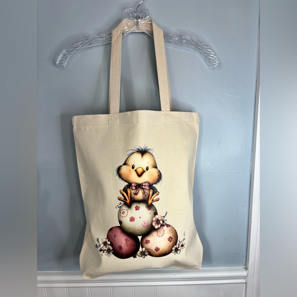Cute Chick Tote Bag with Floral Eggs Cream Pink Easter Vibes Groceries Handmade
